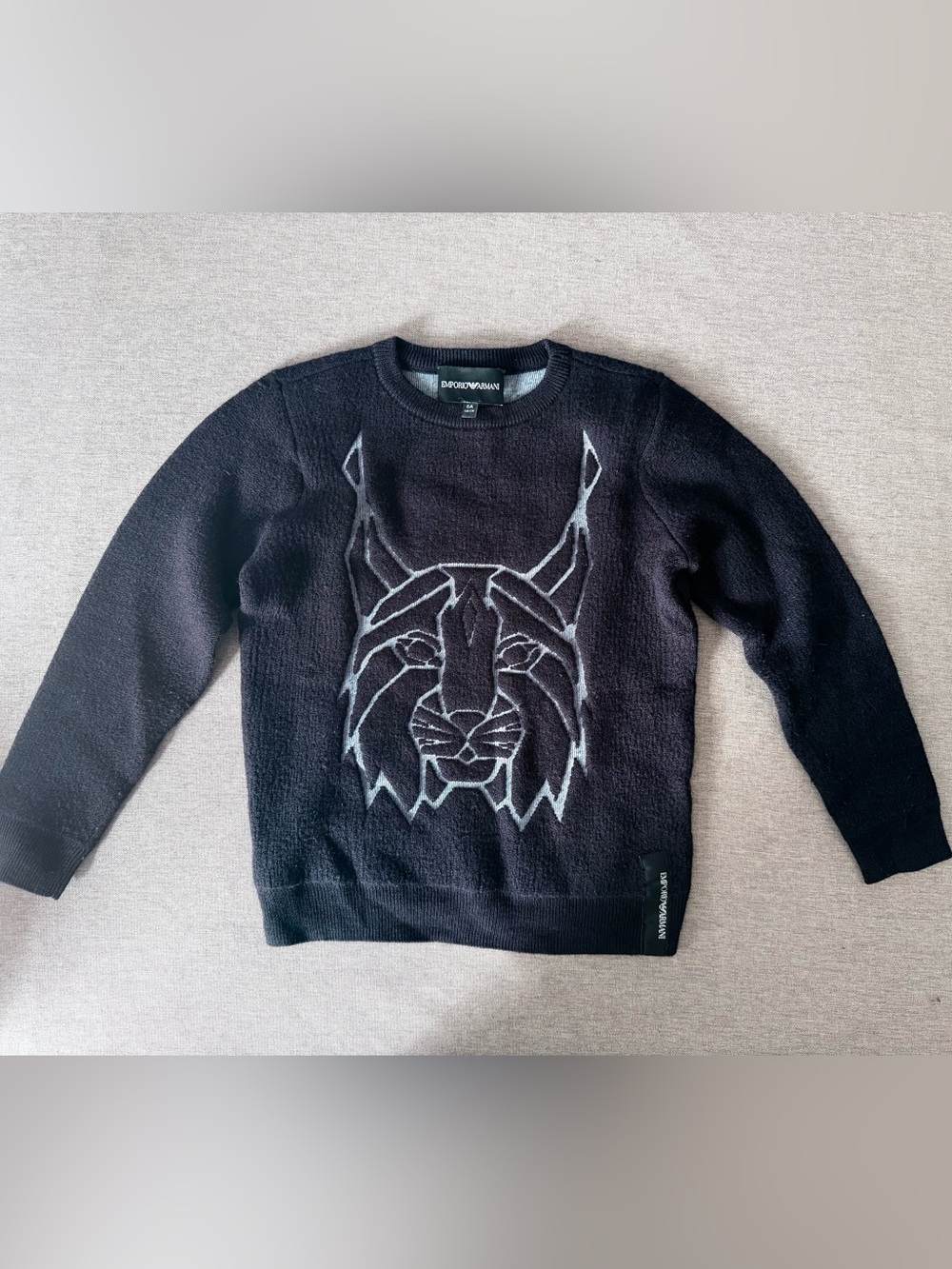 Emporio Armani Kids Black Crewneck Sweater with Gray Lynx Motif
